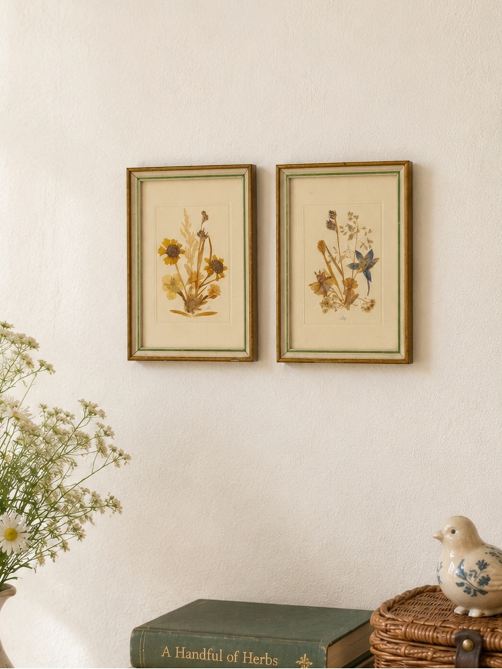 Vintage Pressed Wildflower Botanical Art Frame Cottagecore Farmhouse Wall Decor
